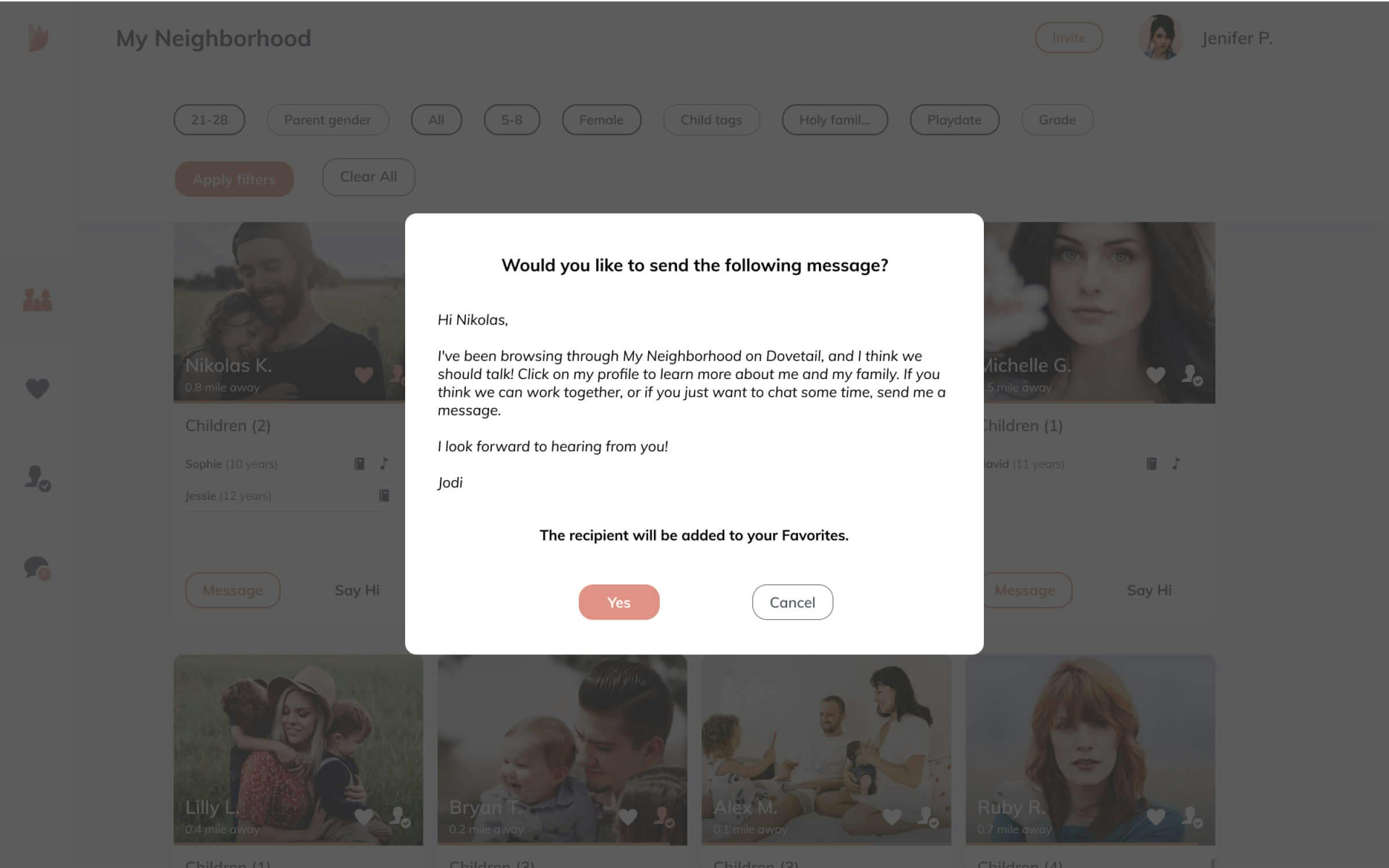 Pop-up confirmation of sending a message to the chat