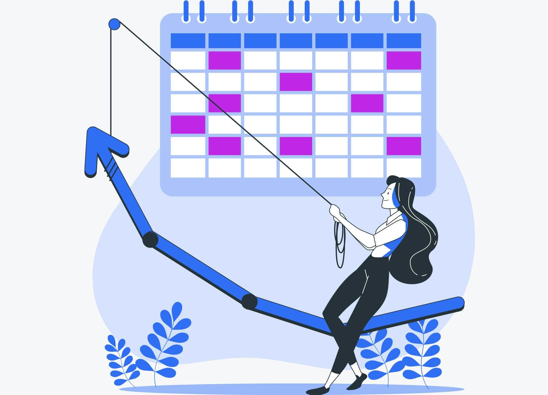 A rising arrow next to a calendar and a sales person