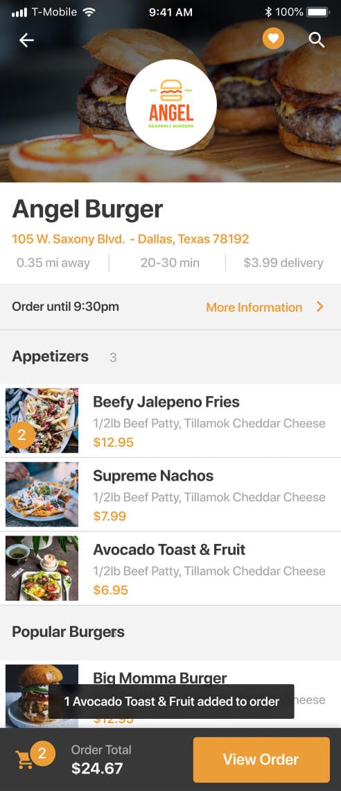 Creating order in food delivery application